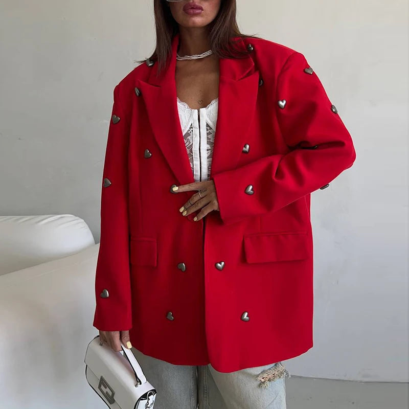 TWOTWINSTYLE Solid Patchwork Heart Decoration Blazer For Women Notched Collar Long Sleeve Casual Loose Coats Female Fashion New