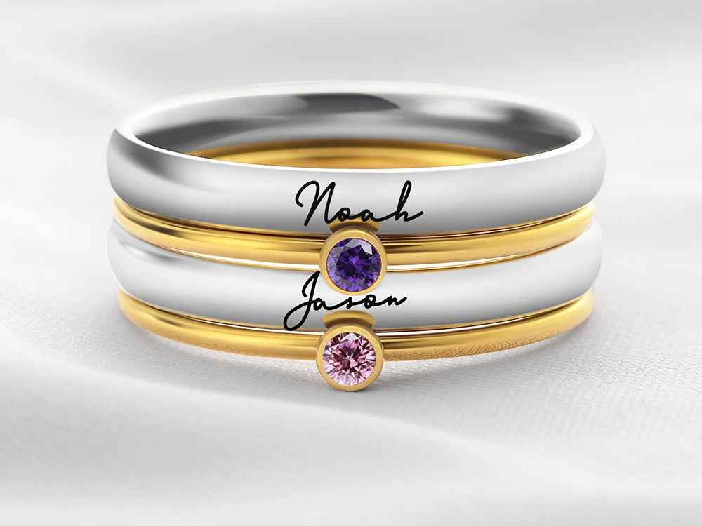 Personalized Names Birthstone Ring 3mm & 1mm Stainless Steel With AAA+ Zircon Engraved for Mothers Day Woman Jewelry Gift