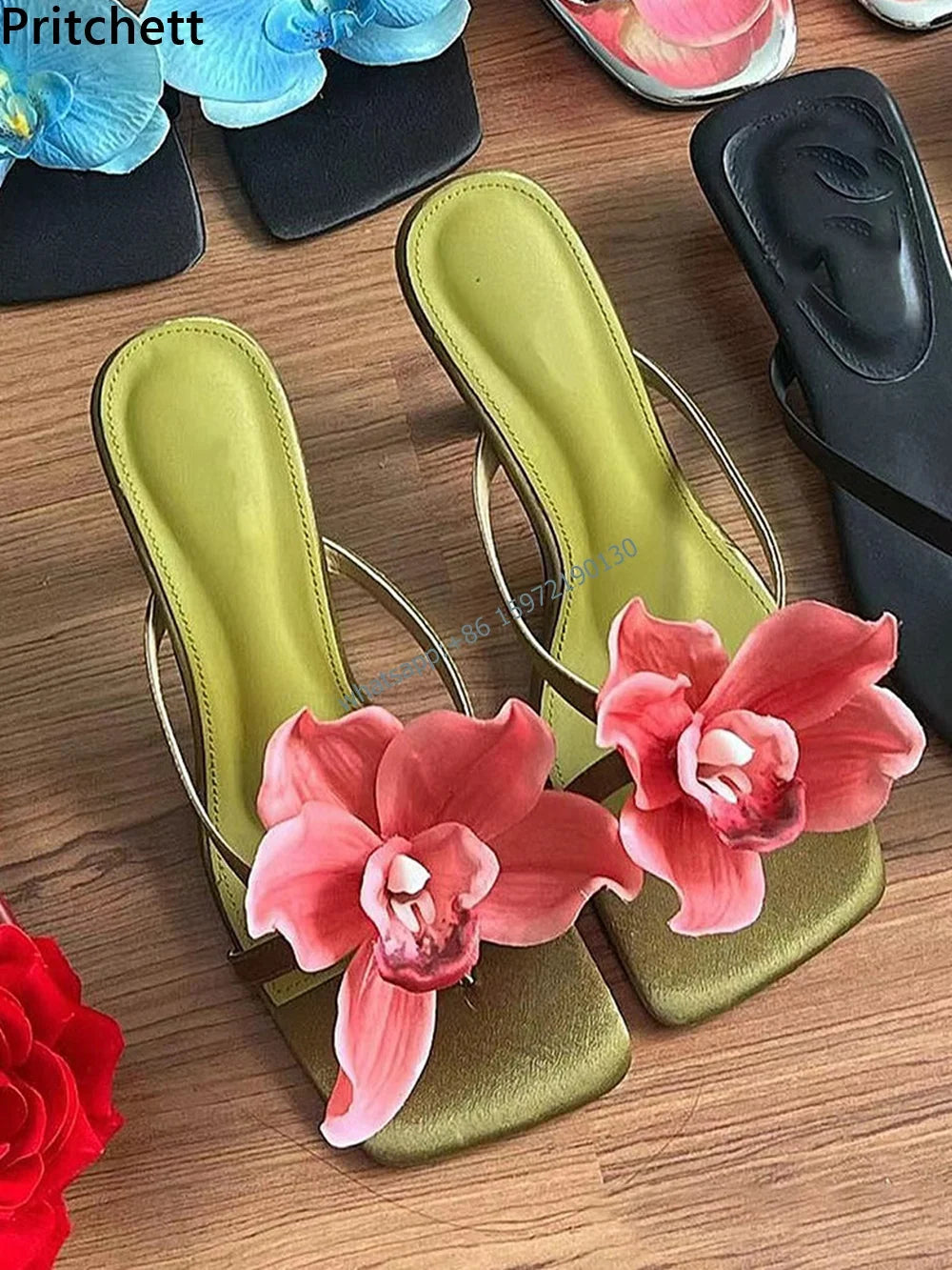 Satin Gradient Floral Sandals Mixed Color Square Toe Kitten Heels Flip Flop Shoes Fairy Style Niche Fashion Women Shoes 2024
