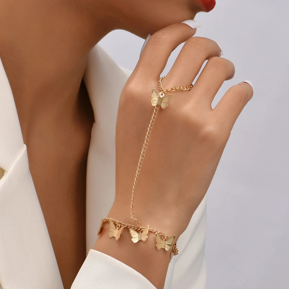 Creative Butterfly Link Chain Bracelet Connected Finger Ring Bangle Bracelets for Women Linked Hand Harness Couple Jewelry Gifts