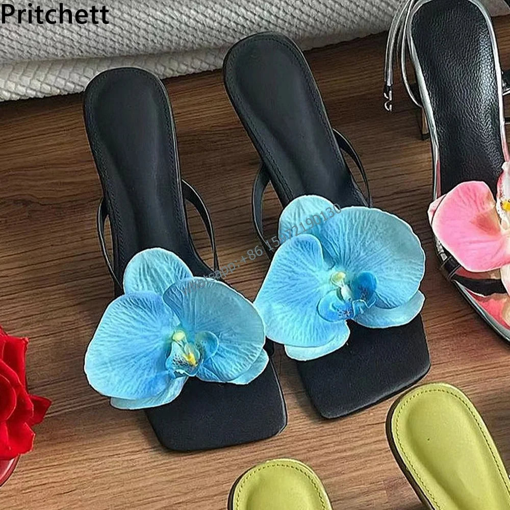 Satin Gradient Floral Sandals Mixed Color Square Toe Kitten Heels Flip Flop Shoes Fairy Style Niche Fashion Women Shoes 2024