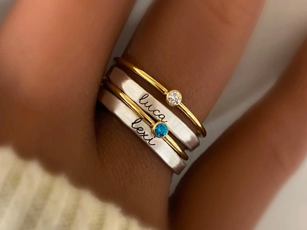 Personalized Names Birthstone Ring 3mm & 1mm Stainless Steel With AAA+ Zircon Engraved for Mothers Day Woman Jewelry Gift