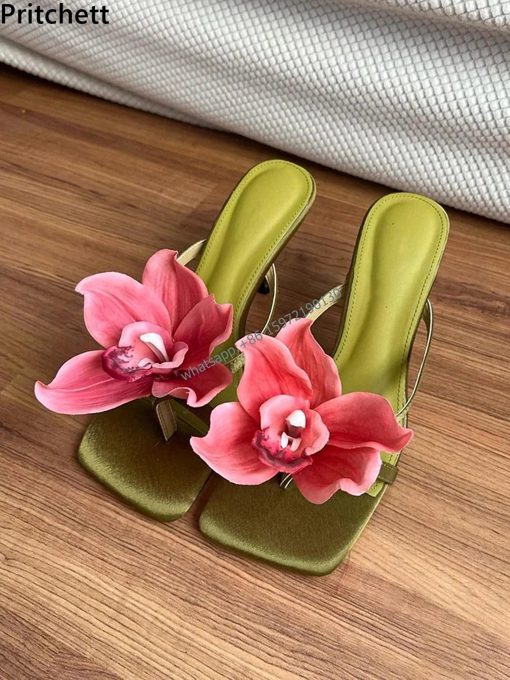 Satin Gradient Floral Sandals Mixed Color Square Toe Kitten Heels Flip Flop Shoes Fairy Style Niche Fashion Women Shoes 2024