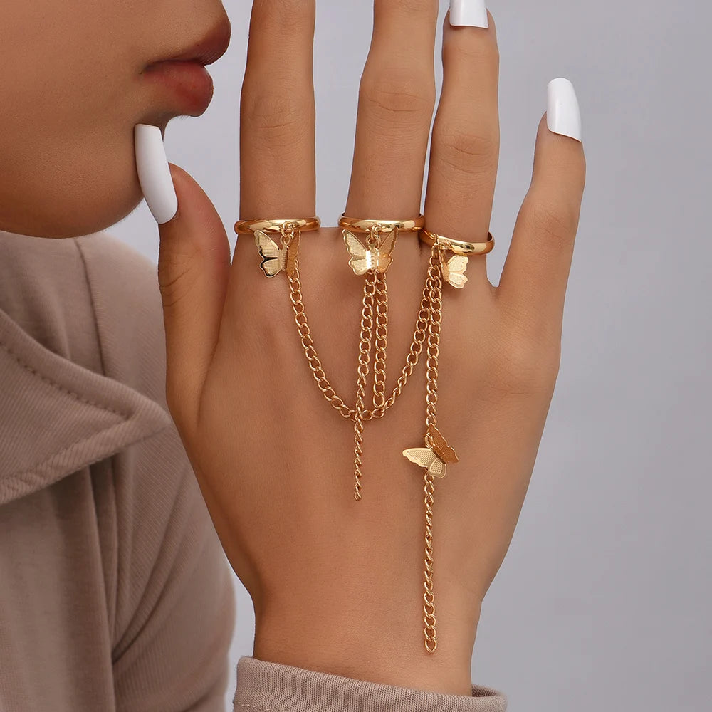 Creative Butterfly Link Chain Bracelet Connected Finger Ring Bangle Bracelets for Women Linked Hand Harness Couple Jewelry Gifts