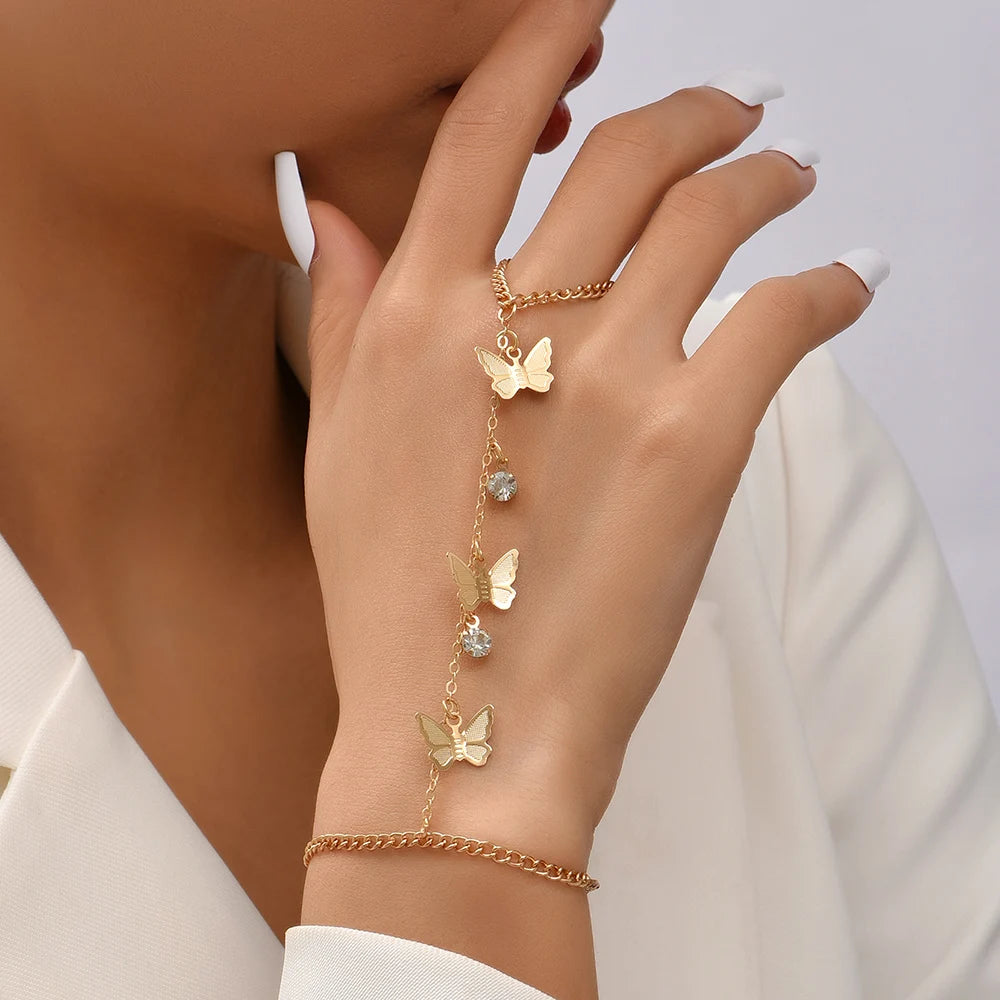Creative Butterfly Link Chain Bracelet Connected Finger Ring Bangle Bracelets for Women Linked Hand Harness Couple Jewelry Gifts