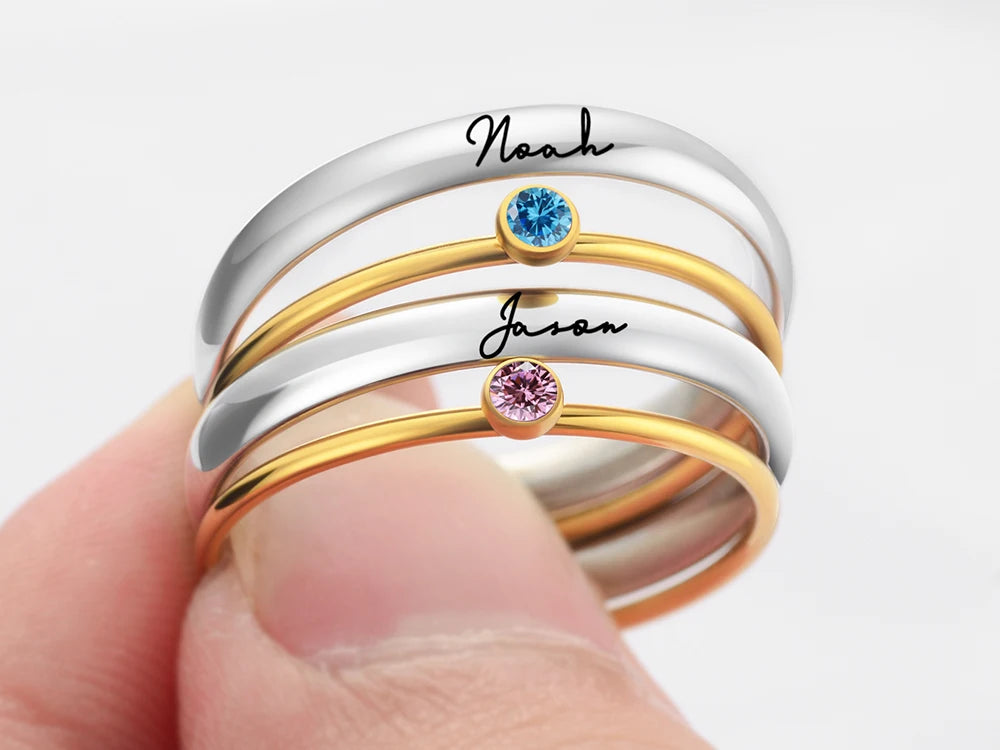 Personalized Names Birthstone Ring 3mm & 1mm Stainless Steel With AAA+ Zircon Engraved for Mothers Day Woman Jewelry Gift