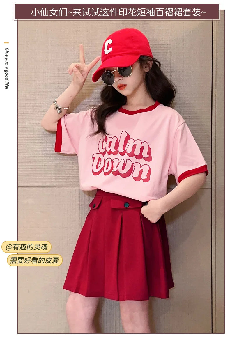 2025 NEW summer Teenager Girls Cloth short sleeve letters striped T Shirt + cargo skirt dress children set 6 7 8 9 10 11 12 year