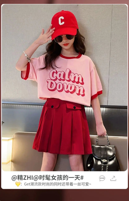 2025 NEW summer Teenager Girls Cloth short sleeve letters striped T Shirt + cargo skirt dress children set 6 7 8 9 10 11 12 year
