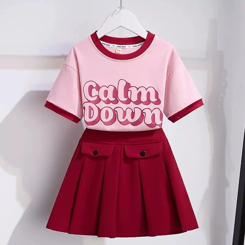 2025 NEW summer Teenager Girls Cloth short sleeve letters striped T Shirt + cargo skirt dress children set 6 7 8 9 10 11 12 year