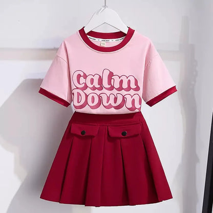 2025 NEW summer Teenager Girls Cloth short sleeve letters striped T Shirt + cargo skirt dress children set 6 7 8 9 10 11 12 year