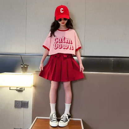 2025 NEW summer Teenager Girls Cloth short sleeve letters striped T Shirt + cargo skirt dress children set 6 7 8 9 10 11 12 year