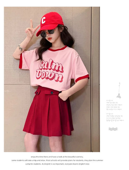 2025 NEW summer Teenager Girls Cloth short sleeve letters striped T Shirt + cargo skirt dress children set 6 7 8 9 10 11 12 year
