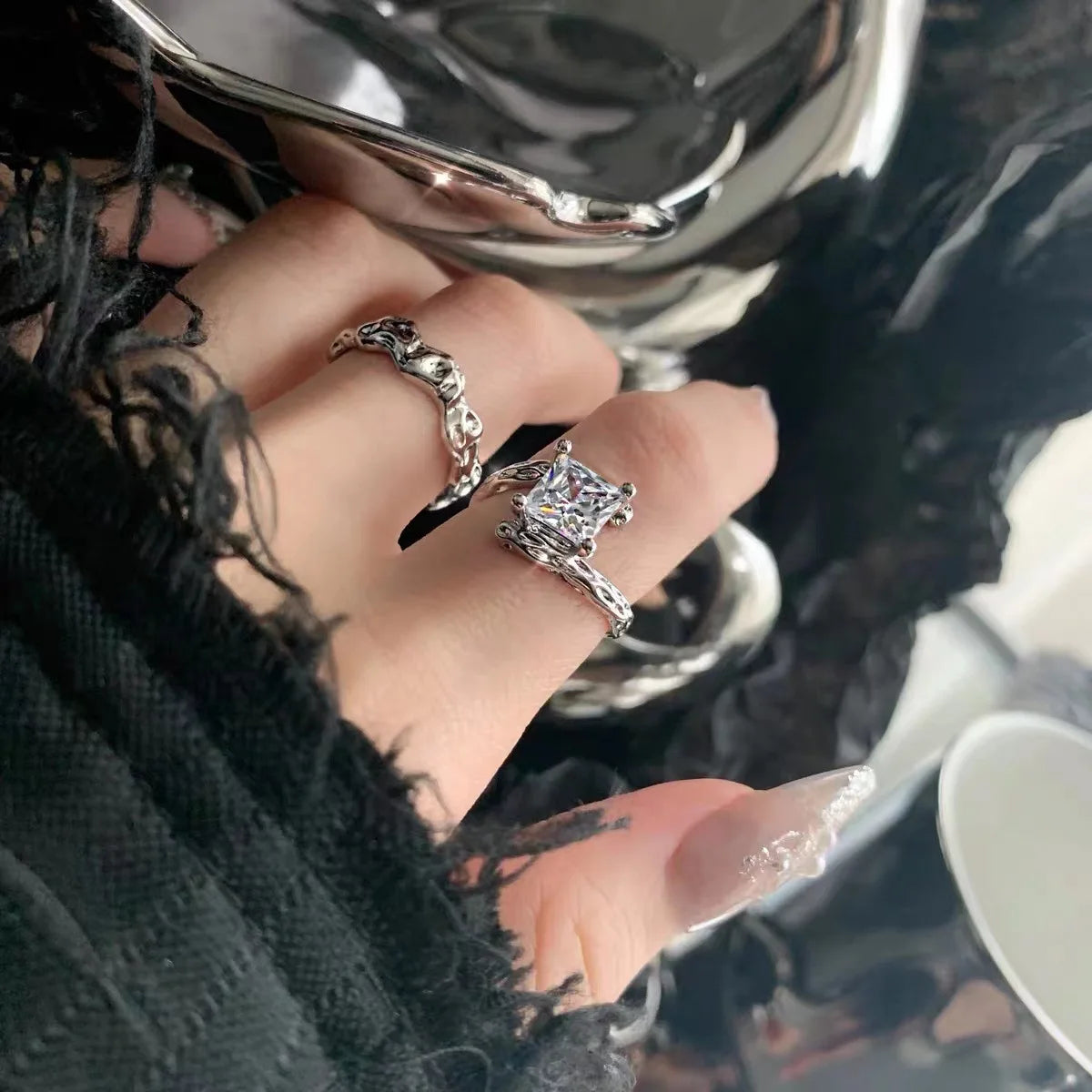 3-piece Double Layer Ring Set for Women's Punk Dark Wind Ring Set Y2K Student Light Luxury Advanced Open Ring Party Jewelry Gift