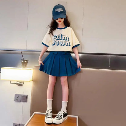 2025 NEW summer Teenager Girls Cloth short sleeve letters striped T Shirt + cargo skirt dress children set 6 7 8 9 10 11 12 year